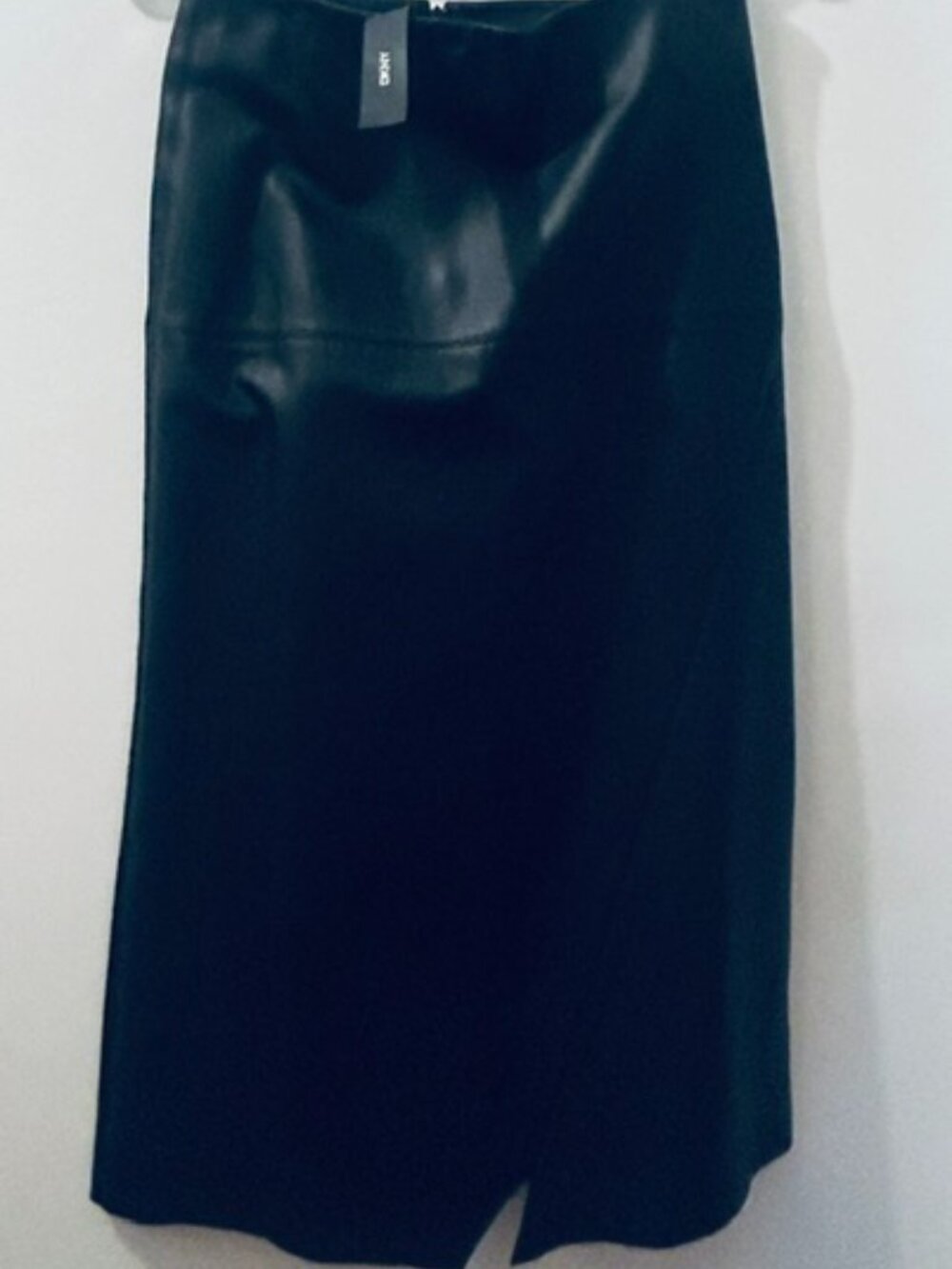 DKNY Rich Black 100% Leather Lined Zip Back Slit Hem Skirt NWT